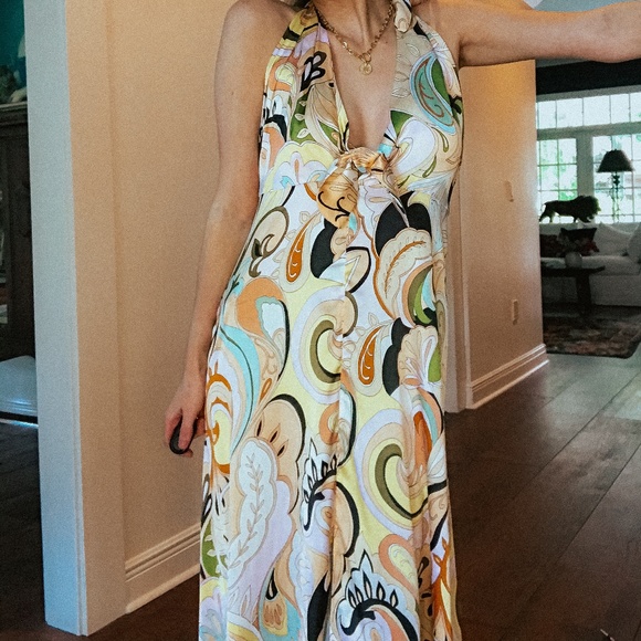 Zara Retro/Y2K Tie Front Paisley Floral Satin Halter Sleeveless Midi Slip Dress - Picture 14 of 16